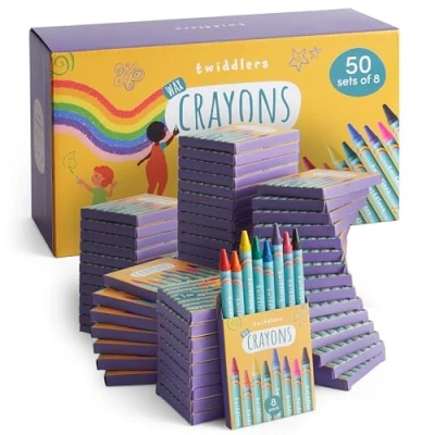 Afbeelding van THE TWIDDLERS 50 dozen waskrijtjes voor kinderen, 8 kleurpotloden per doos, 400 in totaal gemengd gekleurd, perfecte mini krijtpakketten feesttasvullers, schoolklaslokalen, kunst en