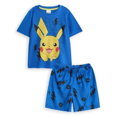 Afbeelding van Pokémon Pikachu jongens 2 delige pyjamaset Kinderbroekje met korte pijpen en nachttop mouwen in blauw karakter bliksemschichten grafische print PJ&#039;s