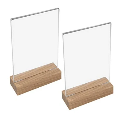 Afbeelding van HMF 46944 acryl tafelstandaard met houten voet, 2 stuks, DIN A4 staand formaat, doorzichtig