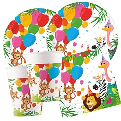 Afbeelding van Procos 10209572 Partyset S jungle, 52 delige set, borden, 16 bekers, 20 servetten, wegwerpservies, partyservies, tafeldecoratie, meerkleurig