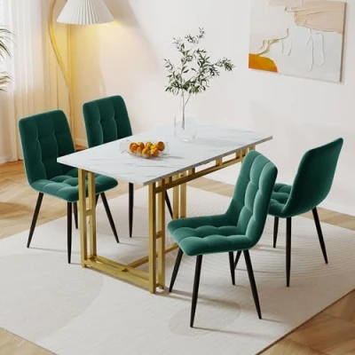 Afbeelding van Moimhear 120 x 70 cm witte eettafel met 4 stoelen, moderne keuken eettafelset, fluwelen eetkamerstoelen, tafel gouden ijzeren poten (donkergroen)