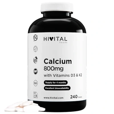 Afbeelding van Calcium 800 mg met Vitamine D3 en K2 MK7. 240 tabletten voor 4 maanden behandeling. Mineraal organisch calciumcarbonaat MK7 D3. Gefabriceerd in Europa door HIVITAL