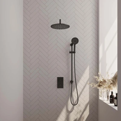 Afbeelding van Brauer Black Edition Regendoucheset inbouw hoofddouche 30cm gladde knop handdouche Rond 3 standen glijstang mat zwart Minimalistisch