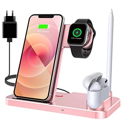 Afbeelding van draadloze oplader, inductief laadstation met 18 W sneladapter, 4 in 1 compatibel iPhone 14/14 Plus/14 Pro max/13/12/11/X/8, Apple Watch Ultra/8/7/6/SE/5/4/3, Air Pods 2/1