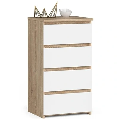 Afbeelding van AKORD Commode met 4 schuifladen, rolladen, ladekast, kledingkast, dressoir plank, robuust, universeel design, Sonoma eiken, wit