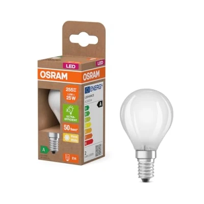 Afbeelding van Osram LED lamp in classic miniball shape, with decorative filament frosted design, energy efficiency class A, E14, 1.2 W, 255 lm, 2700 K, warm white. 100% light straight away.