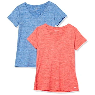 Afbeelding van Amazon Essentials Dames Tech Stretch T shirt met korte mouwen en V hals (verkrijgbaar in grote maten), 2 Pack, Koraaloranje Ruimteverf/Lichtblauw Ruimteverf, XXL