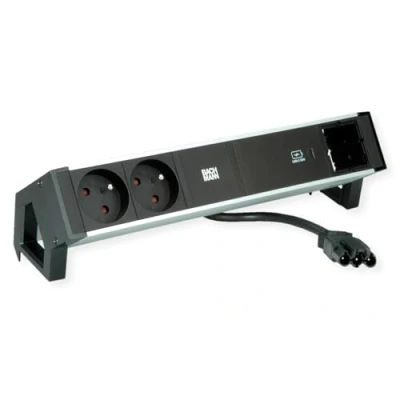 Afbeelding van Bachmann, Stekkerdoos, DESK2 ALU ZWART 2xUTE 1xCM 1xC 1 laadtoestel C 60W (2 x, CEE 7/5, 7/3, 0.20 m)