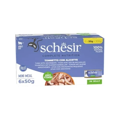 Afbeelding van 6x50g Tonijn met witte vis Schesir Complete voeding in gelei natvoer voor katten