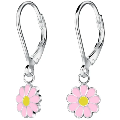 Afbeelding van JoyS Zilveren madelief bloem bedel oorbellen roze geel rhodium / gehodineerd leverback sluiting