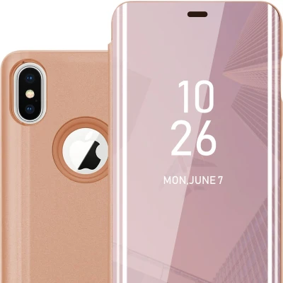 Afbeelding van Cadorabo Hoesje geschikt voor Apple iPhone X / XS in KUNZIET ROZE Clear View Spiegel Beschermende Case met Tribunefunctie 360 Graden Bescherming Book Cover Etui