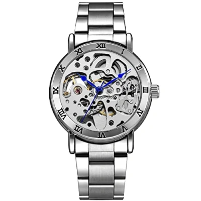 Afbeelding van Alienwork Automatisch Horloge Heren Dames Zilver Metalen Armband Skelet Glasbodem