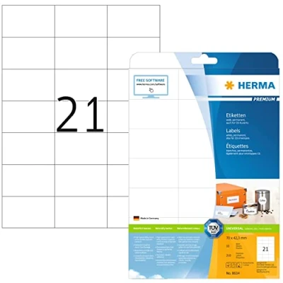 Afbeelding van HERMA 8634 Universele etiketten A4 (70 x 42,3 mm, 10 vellen, papier, mat) zelfklevend, bedrukbaar, permanente klevende adreslabels, 210 voor printer, wit