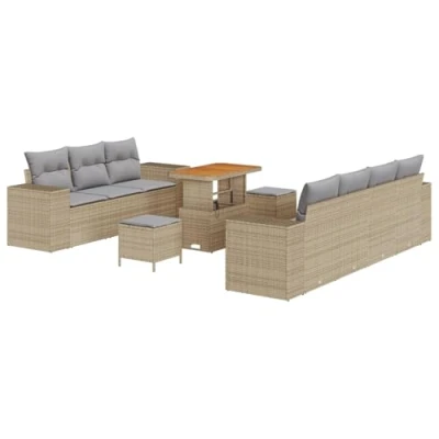 Afbeelding van vidaXL 10 Delige Tuin Sofa Set met Kussens Beige Poly Rattan Acacia, 3 Eetset Acacia