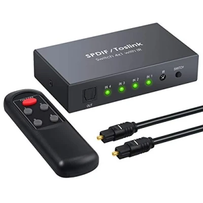 Afbeelding van LiNKFOR 4Port SPDIF Switch Box Toslink 4x1 Digital Optical Audio Switcher 4 in 1 Hub met afstandsbediening, Ondersteuning PCM2.0 DTS Dolby AC3, Compatibel PS3 PS4 Xbox HDTV