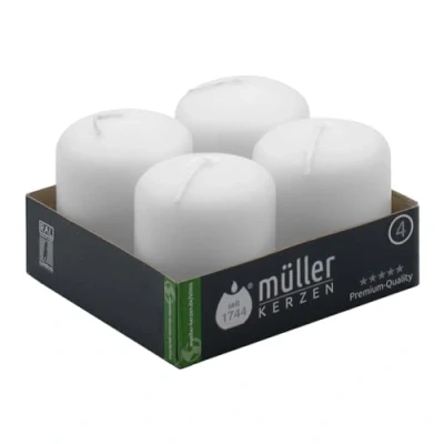 Afbeelding van Müller Decoratieve kaarsen, set van 4 ivoorkaarsen, 48 x 62 mm, witte kaars, levensduur 10 uur, anti druppel, ongeparfumeerde mollworm, brandbeveiliging, RAL kwaliteit
