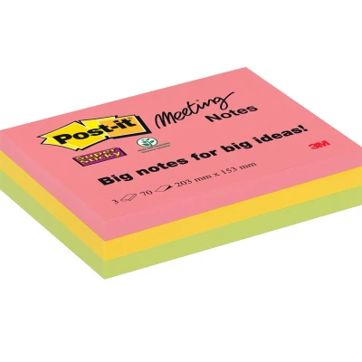 Afbeelding van Post it Super Sticky Meeting Notes, 70 Vel, Ft 203 X 153 Mm, Geassorteerde Kleuren, Pak Van 3 Blokken Memoblok