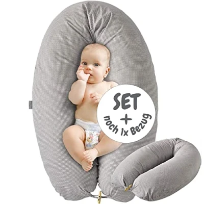 Afbeelding van sei Design Voedingskussen XXL met microparelset + 1 x katoenen voedingskussen, ergonomisch zwangerschapskussen, zijslaapkussen, babynestje voor pasgeborenen, Made in Germany
