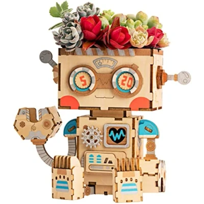 Afbeelding van Robotime Bouwpakket Robot Bloempot 13,7x7,8 Cm Hout 71 delig