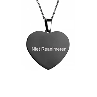 Afbeelding van Gegraveerde Niet Reanimeren Ketting Penning Do Not Resuscitate Gegraveerd Hart Hartje Roestvrij Staal RVS Verstelbaar Zwart