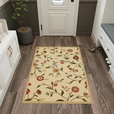 Afbeelding van Ottomanson Ottohome collectie tapijt met rubberen achterkant en modern bladerdesign, 100 cm x 150 cm, beige