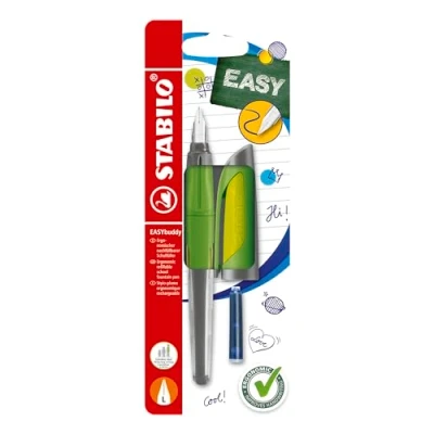 Afbeelding van Schoolvulpen met L punt voor linkshandigen STABILO EASYbuddy in limoen/groen schrijfkleur blauw (uitwisbaar) los exemplaar inclusief inktpatroon
