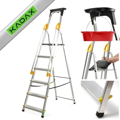 Afbeelding van KADAX Aluminium ladder met leuning, trapladder, belastbaar tot 150 kg, in 3 versies, inklapbare huishoudladder vak voor kwast en antislipvoeten (6 treden)