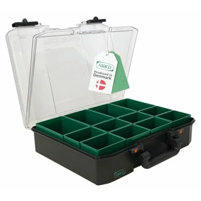 Afbeelding van raaco CarryLite 80 4x8 12: Premium Assortimentsdoos met Sandwich Deckel, 12 Inzetstukken, Duurzame Opbergbox en Organizer Bakjes voor Gereedschap, Draagkracht 10 kg, 33,7 x 27,8 8,2 cm