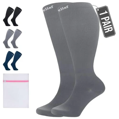 Afbeelding van 360 Relief 1 Paar Compressiesokken Dammes en Herren Plus Maat Effen Kleuren Compressiekousen voor Sport, Hardlopen, Vliegen, Reizen, Joggen, Fietsen, Werk Grijs 4XL Kniehoge sokken met Waszakje