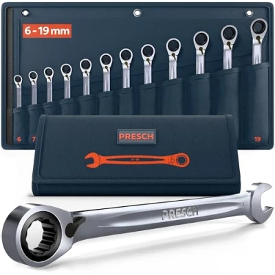 Afbeelding van Presch Ratelsleutelset omkeerbar 12 delig (6 19mm) incl. tas Minimale terughaalhoek (tot 4, 90 tanden) Nauwkeurig gefreesde, duurzame ringsleutels Steeksleutelset