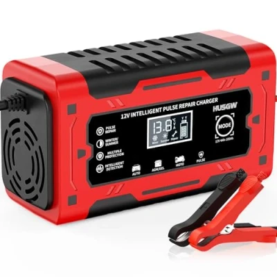 Afbeelding van 6A auto acculader, 12V volledig slimme batterijladerhouder/pulsreparatieladerpakket voor loodzuurbatterijen, auto, motorfiets, grasmaaier