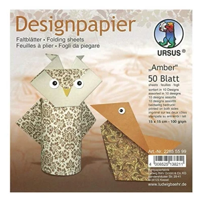 Afbeelding van Ursus 22855599 Designpapier Amber, 50 vellen in 10 verschillende motieven, ca. 15 x cm, 100 g/m², aan beide zijden bedrukt, ideaal voor het vouwen van creatieve Origami dieren