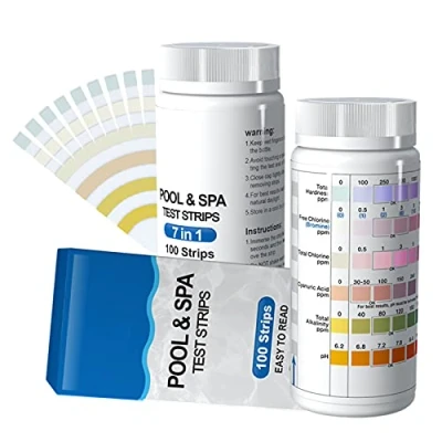 Afbeelding van 7 in 1 zwembadwaterteststrips voor zwembad, spa whirlpool, teststrips pH waarde, vrij chloor, totale hardheid, broom, totaal cyanuurzuur, alkaliteit, 100 stuks