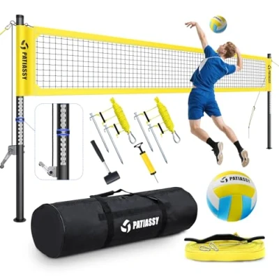 Afbeelding van Patiassy Professionele draagbare volleybalsets voor achtertuinen, strand, outdoor volleybalnet en balset systeem met liersysteem anti doorbuignet + verstelbare stangen, geel