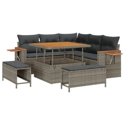 Afbeelding van vidaXL 8 delige tuinzetelset met kussens in grijs poly rattan en acacia