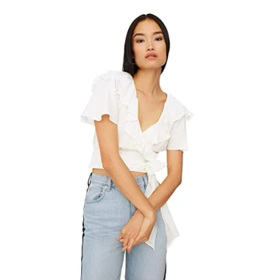 Afbeelding van Trendyol Blauw Geweven Blouse Met Ruches En Strikdetail Twoss20Bz0351