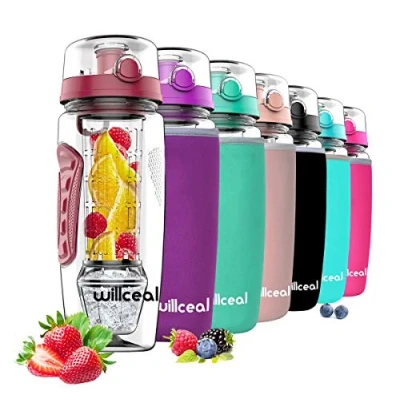 Afbeelding van Willceal Waterfles met fruit infuser, 945 ml, duurzaam afneembare ijsgelbal, groot, BPA vrij Tritan, flip deksel, dicht ontwerp, sport en camping (dieprood)