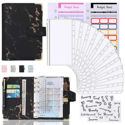 Afbeelding van budgetplanner, budgetringband, A6, notitieboekje voor sparen met insteekhoesjes cash stuffing, geldhoesjes, envelopmethode, geld besparen, organizer, accessoires, zwart