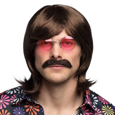 Afbeelding van Boland Pruik Gary Bruin Steil Halflang Mannen Danser/danseres 60&#039;s &amp; 70&#039;s Hippie Flower Power