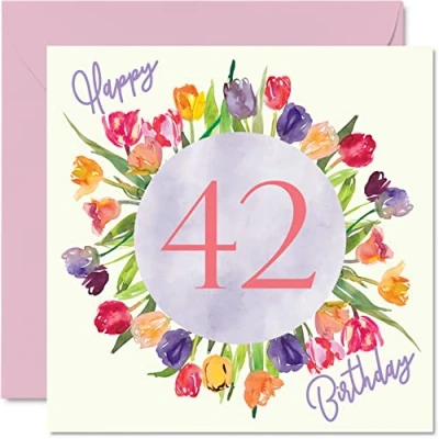 Afbeelding van mooie 42e verjaardagskaarten voor vrouwen aquarel tulpen bloemen boeket gelukkige verjaardagskaart haar moeder tante zus vriend verjaardagscadeaus, 145 mm x wenskaarten cadeau