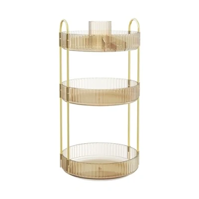 Afbeelding van Make up Organizer Roterende Cosmetische Rond 3 Niveaus Opslag Verstelbare Kaptafel Cadeau Idee Champagne Goud