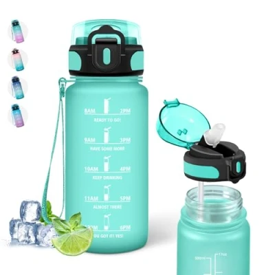 Afbeelding van Drinkfles, 500 ml, motiverende waterfles met rietje, drinkfles tijdschema&#039;s om te drinken, gemakkelijk reinigen, sportfles zonder lekkage, voor school, kantoor, reizen, kamperen