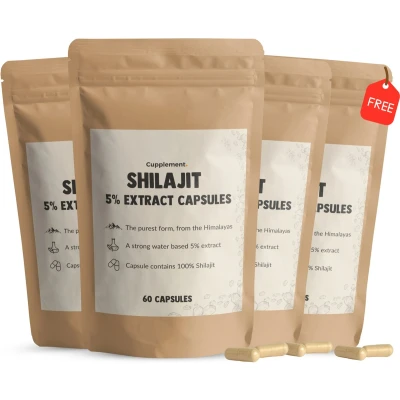 Afbeelding van Cupplement 4 Zakken Shilajit 60 Capsules Inclusief Pillendoos 5% Extract Resin 500 MG Per Capsule 100% Pure Superfood Geen Poeder, Bio, Biologisch, Druppels, Hars, Tabletten of Gummies Himalaya Sjilajit Silajit Shilahit