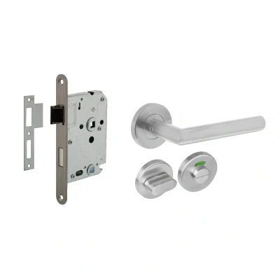 Afbeelding van Deurbeslag set WC slot 63/8mm RVS + deurklink Hoek 90 graden