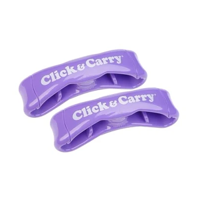 Afbeelding van Click &amp; Carry Kruidenierswinkel paarse tas drager met zachte kussen Grip. Gebruik als een handsfree boodschappentas drager, plastic houder, sportuitrusting en meer. Klik draag gemak