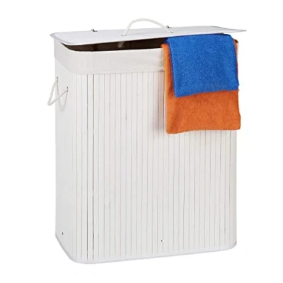 Afbeelding van Relaxdays wasmand 2 vakken bamboe wasbox 95 liter opvouwbaar met deksel wit