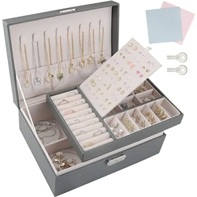 Afbeelding van TEIVUL Sieradendoos, 2 laags sieradenorganizer met sleutels en reinigingsdoekje, PU lederen sieradendoosje, organizer, voor kettingen, oorbellen, armbanden, ringaccessoires, sieradendoosjes