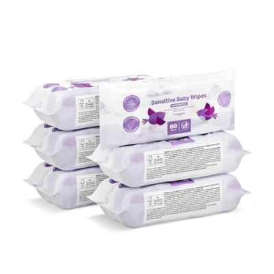 Afbeelding van by Amazon Gevoelige babydoekjes, 100% plantaardige vezels, ongeparfumeerd, 360 doekjes, 6 stuks van 60