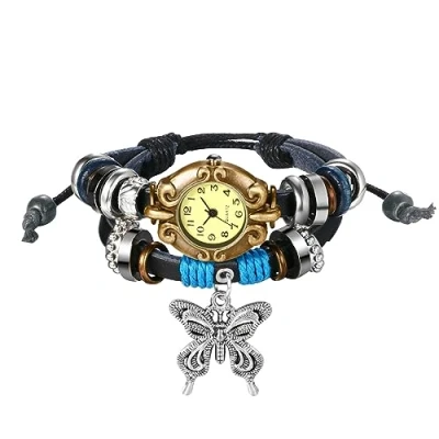 Afbeelding van JewelryWe Kwartshorloge lederen armband voor dames met hanger in bladvorm, Vlinder, Modern