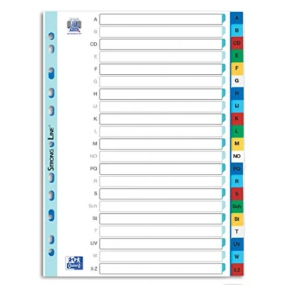 Afbeelding van Oxford Strong Line plastic tabbladen A4, A Z, 21 delig, met beschrijfbare omslag blauw rood groen geel